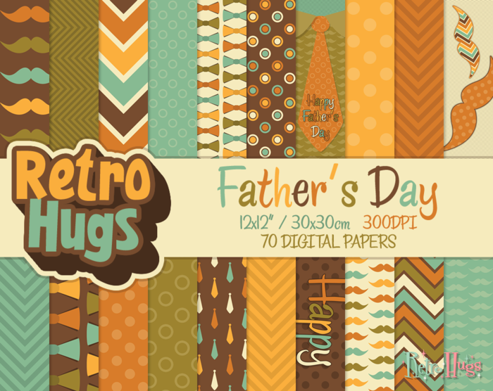 Retro Hugs | Digital Paper Pack | Father's Day | Moustache and Bow Tie