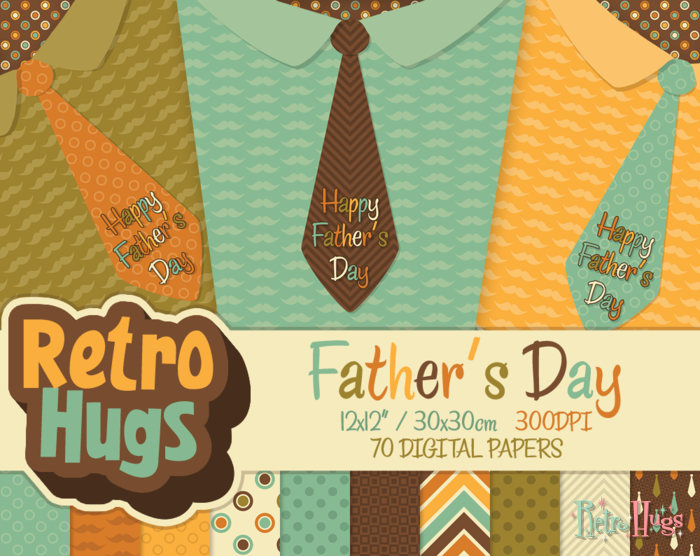 Retro Hugs | Digital Paper Pack | Father's Day | Moustache and Bow Tie