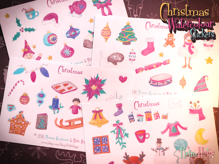 Retro Hugs | Christmas Watercolour Stickers | 4 Sheets