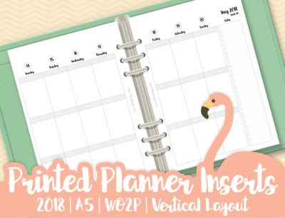 Planner Inserts | 2018 | A5 | WO2P (Week On Two Pages) | Vertical Layout